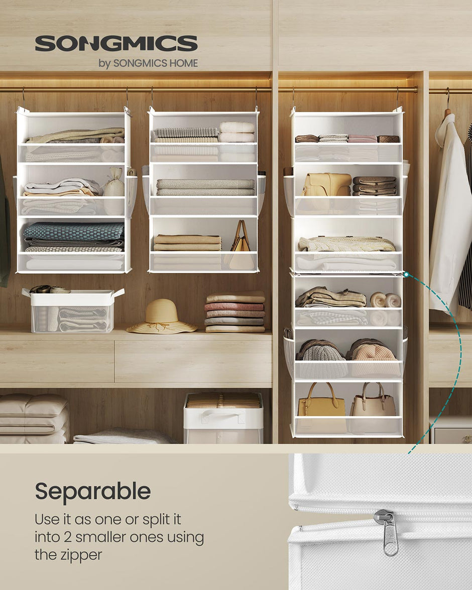 Hanging Wardrobe Organiser – Fabric – Cloud White – 6-Tier Design with Side Pockets, Foldable, and Metal Hooks