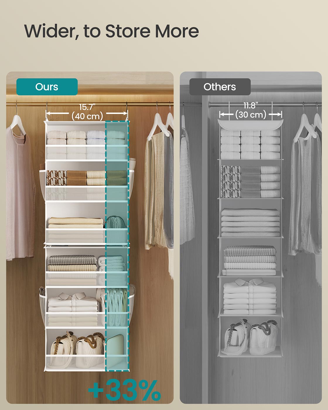 Hanging Wardrobe Organiser – Fabric – Cloud White – 6-Tier Design with Side Pockets, Foldable, and Metal Hooks