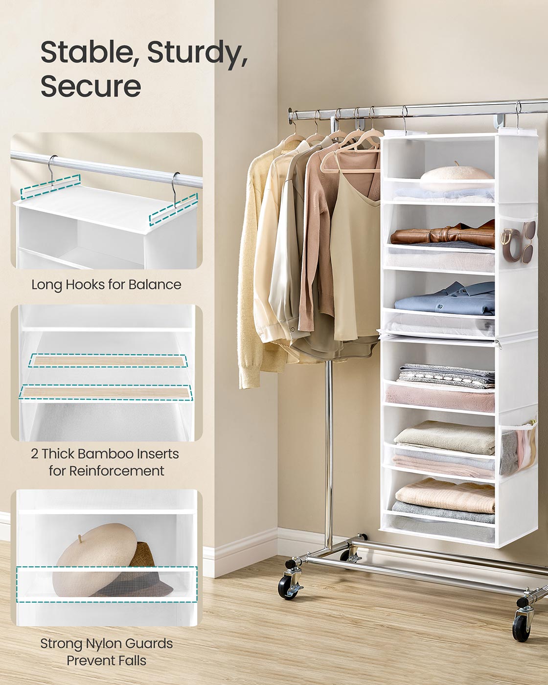 Hanging Wardrobe Organiser – Fabric – Cloud White – 6-Tier Design with Side Pockets, Foldable, and Metal Hooks