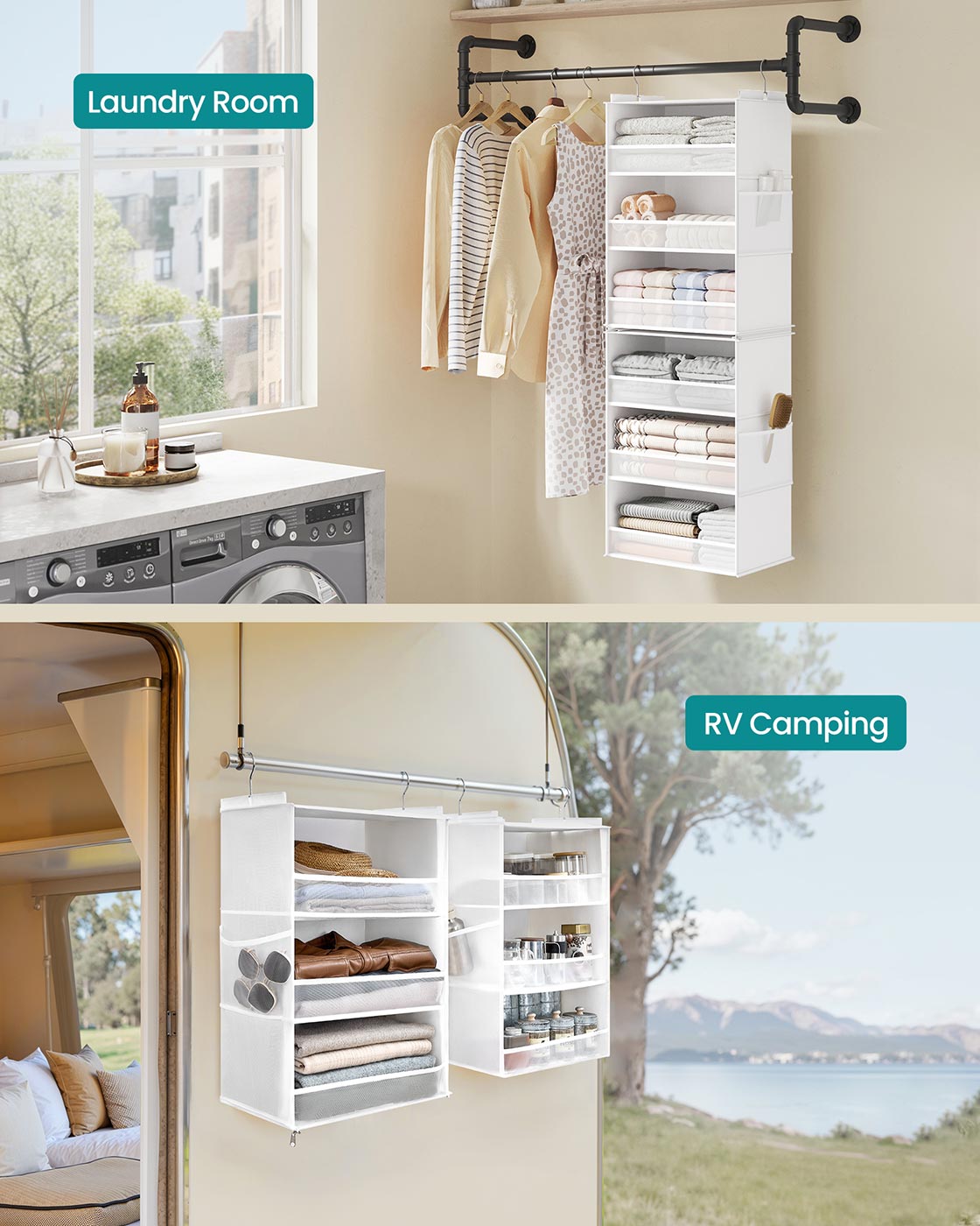 Hanging Wardrobe Organiser – Fabric – Cloud White – 6-Tier Design with Side Pockets, Foldable, and Metal Hooks