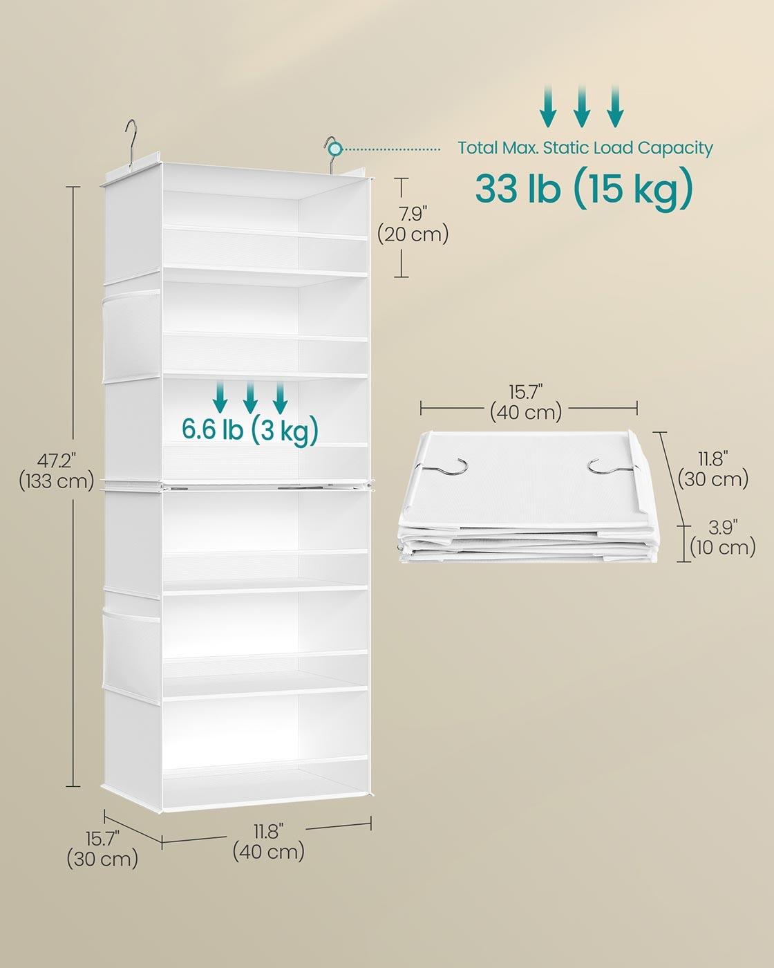 Hanging Wardrobe Organiser – Fabric – Cloud White – 6-Tier Design with Side Pockets, Foldable, and Metal Hooks