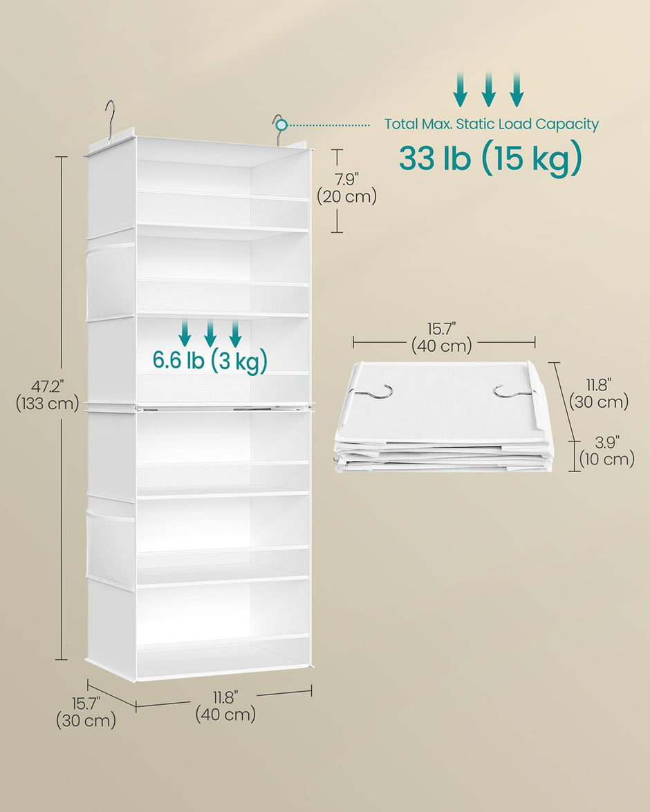 Hanging Wardrobe Organiser – Fabric – Cloud White – 6-Tier Design with Side Pockets, Foldable, and Metal Hooks