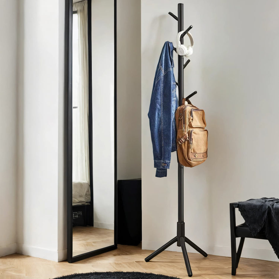 Hat and Coat Stand – Solid Wood – Black – Height Adjustable with 8 Hooks
