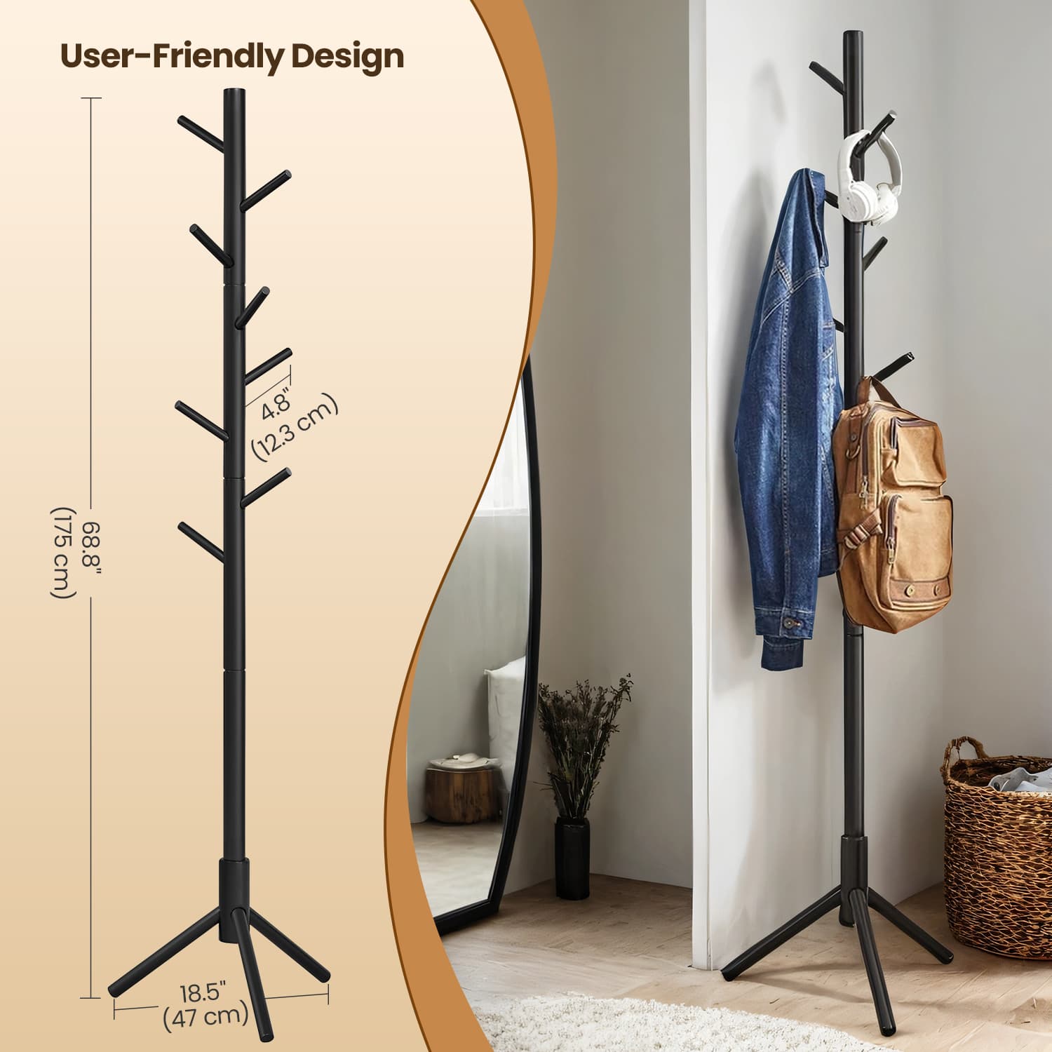Hat and Coat Stand – Solid Wood – Black – Height Adjustable with 8 Hooks