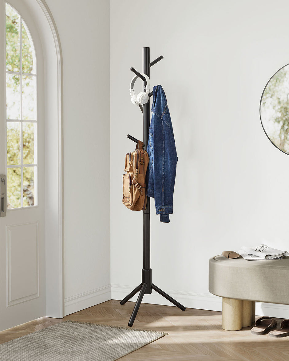 Free Standing Coat Rack – Solid Wood – Black – 8 Hooks for Entryway and Hallway