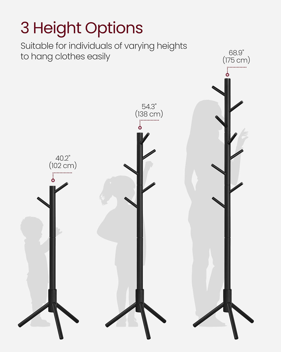 Free Standing Coat Rack – Solid Wood – Black – 8 Hooks for Entryway and Hallway
