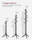 Free Standing Coat Rack – Solid Wood – Black – 8 Hooks for Entryway and Hallway
