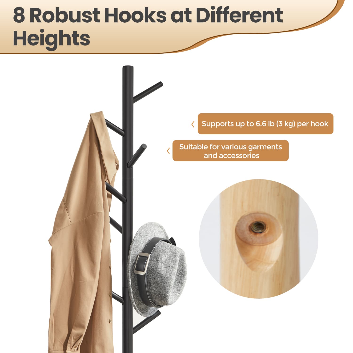 Hat and Coat Stand – Solid Wood – Black – Height Adjustable with 8 Hooks