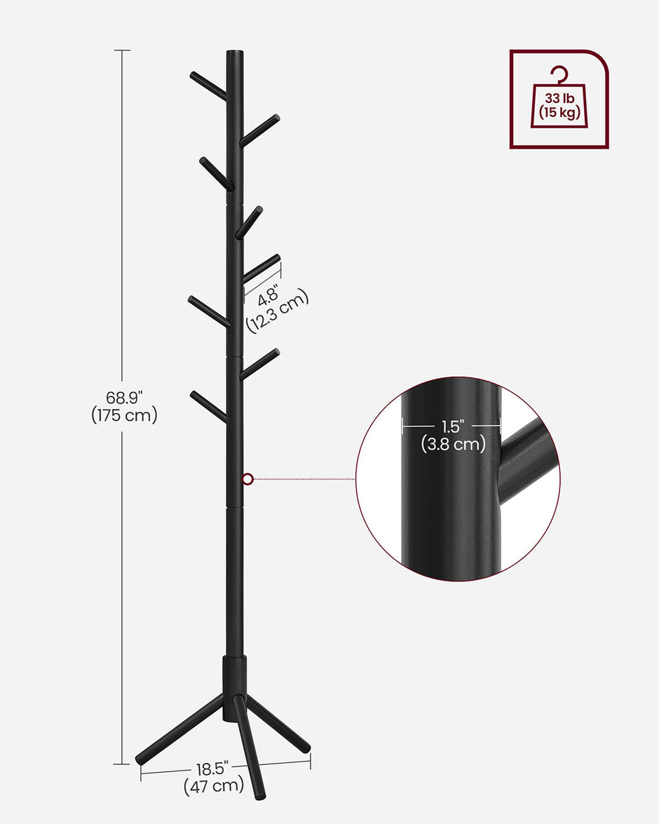 Free Standing Coat Rack – Solid Wood – Black – 8 Hooks for Entryway and Hallway