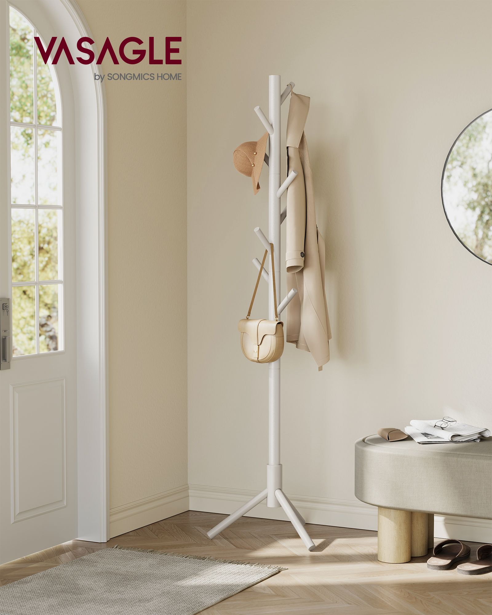 Coat Stand – Solid Wood – Black – Free Standing with 8 Hooks and Adjustable Height