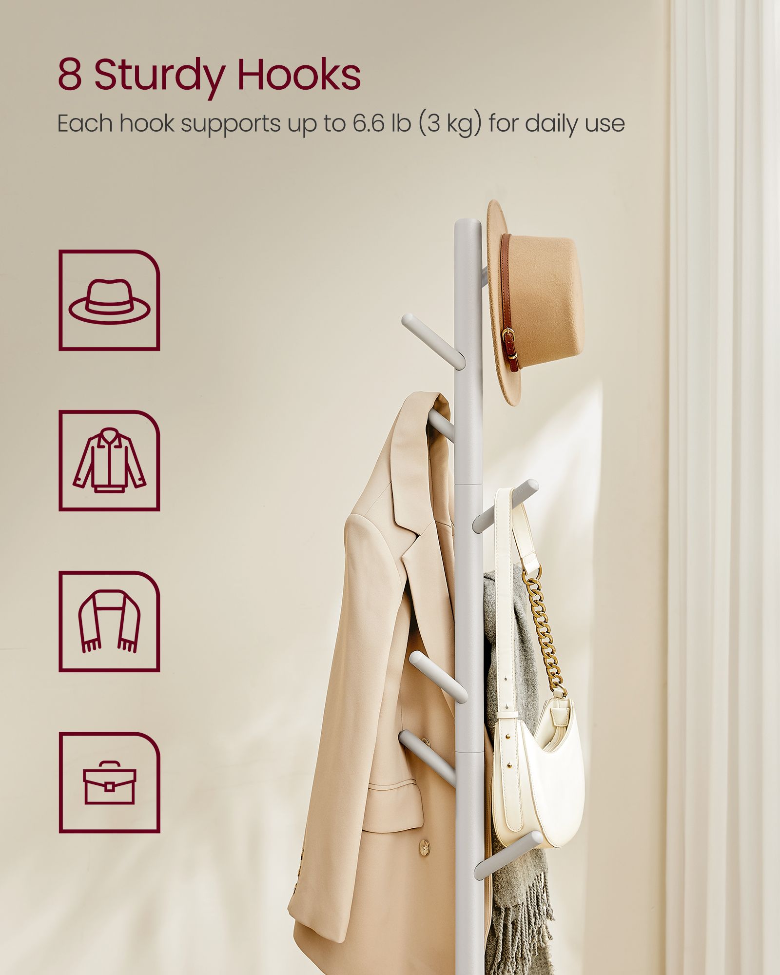 Coat Stand – Solid Wood – Black – Free Standing with 8 Hooks and Adjustable Height