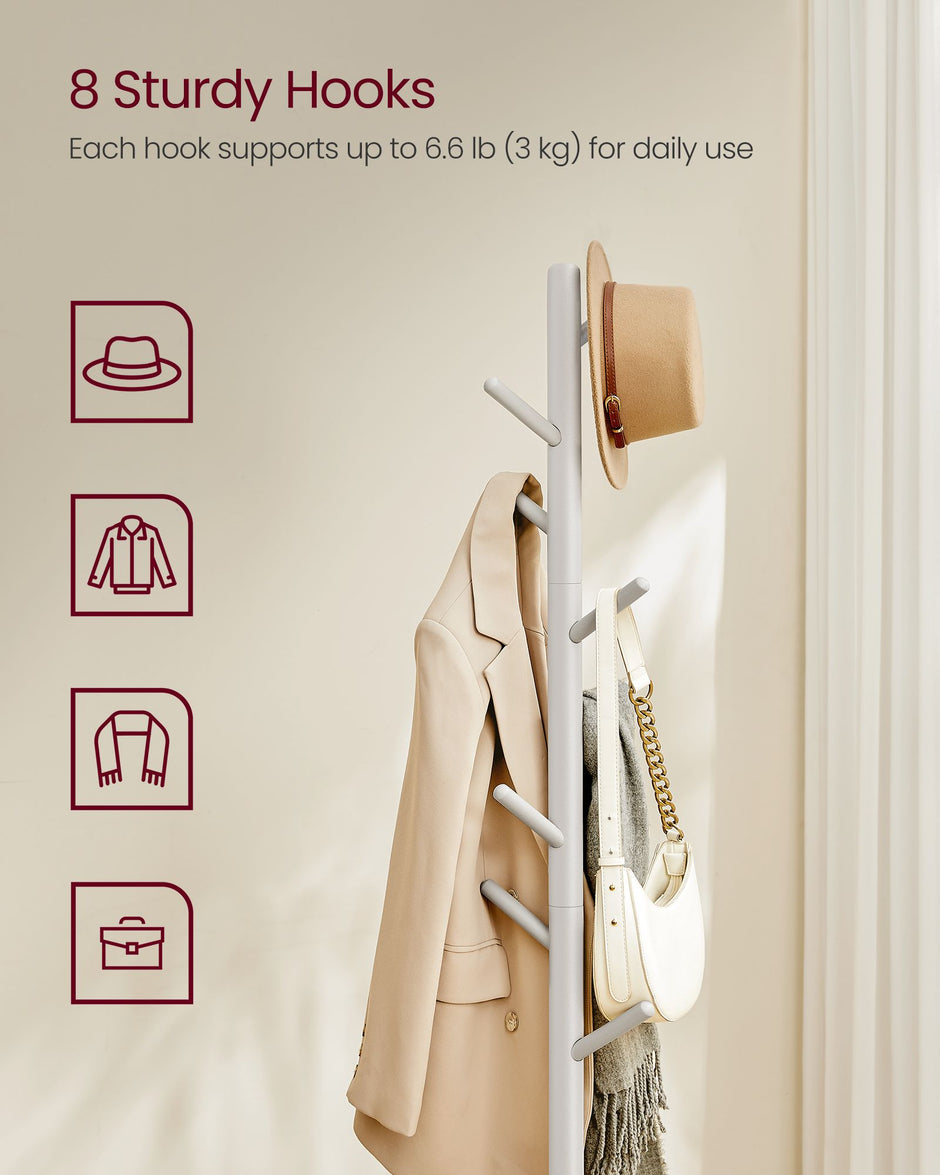 Coat Stand – Solid Wood – Black – Free Standing with 8 Hooks and Adjustable Height