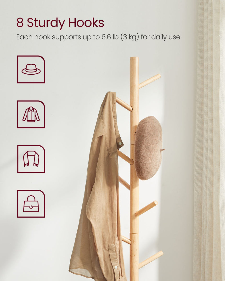 Wooden Coat Stand – Solid Wood – Black – Free Standing with 8 Hooks