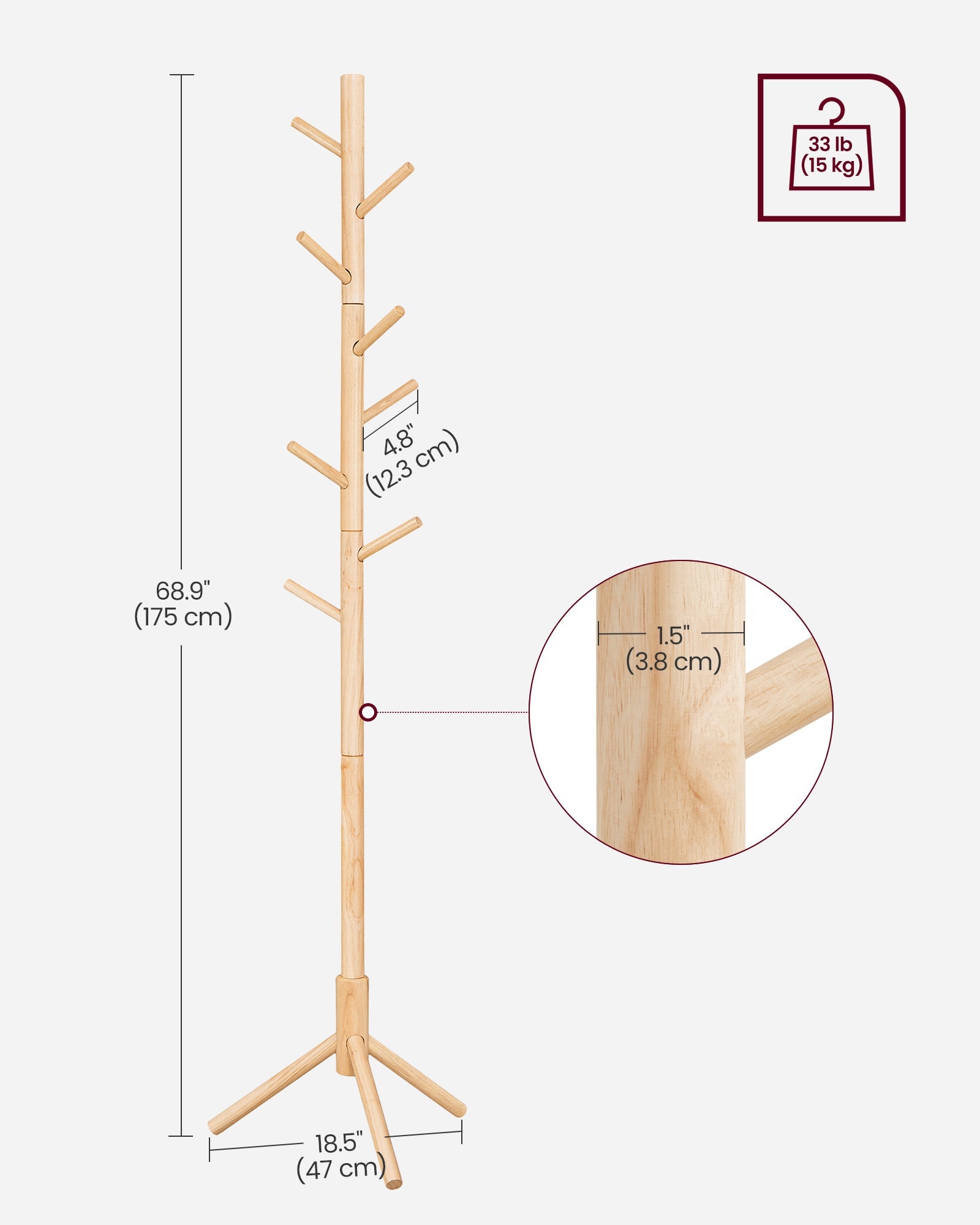Wooden Coat Stand – Solid Wood – Black – Free Standing with 8 Hooks