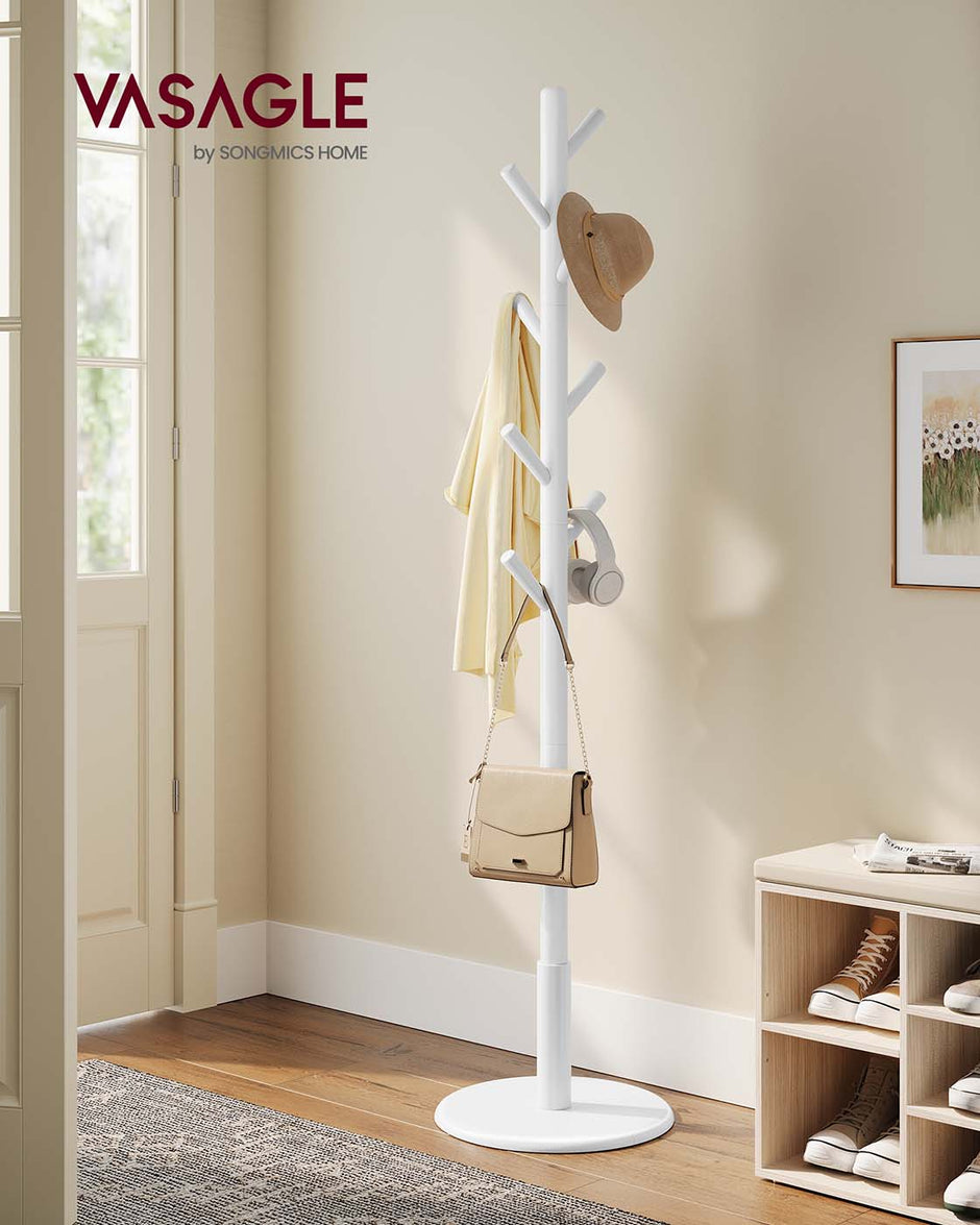 Coat Rack – Solid Wood – Cloud White – 8 Hooks for Entryway and Hallway