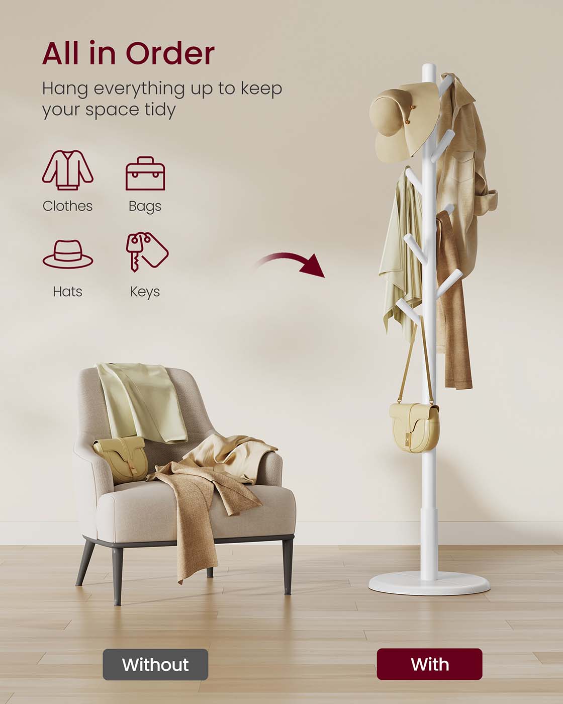 Coat Rack – Solid Wood – Cloud White – 8 Hooks for Entryway and Hallway