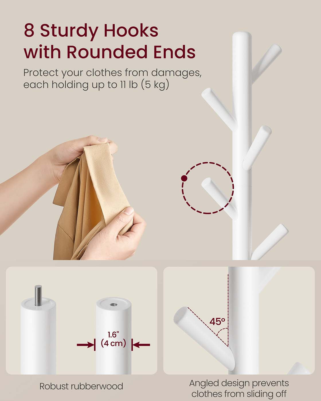 Coat Rack – Solid Wood – Cloud White – 8 Hooks for Entryway and Hallway