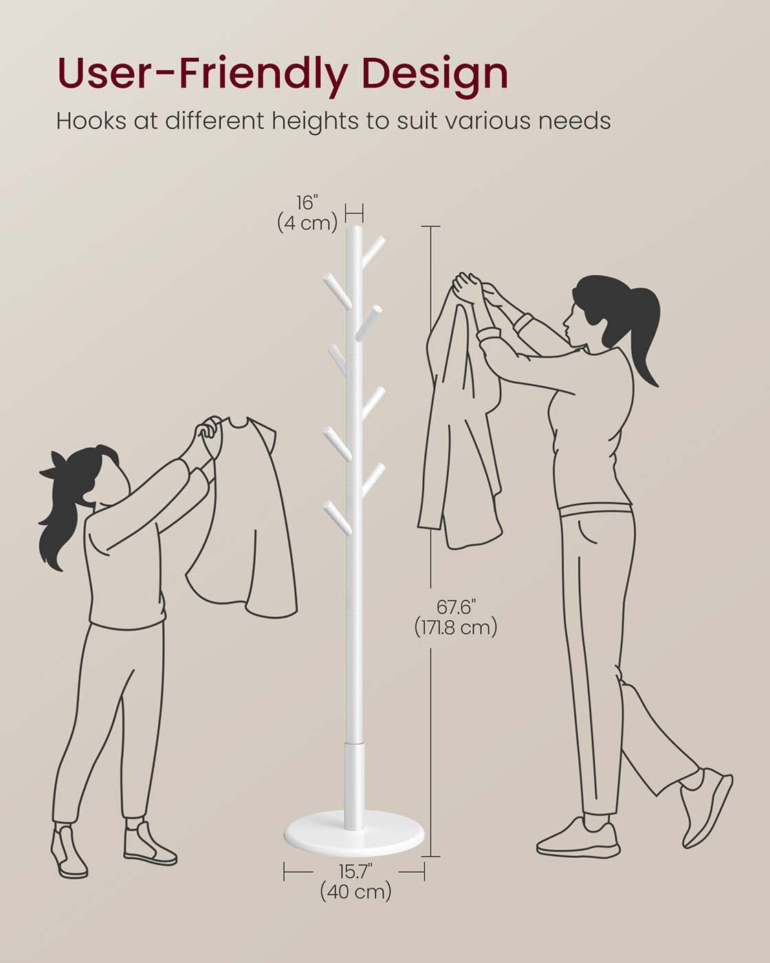 Coat Rack – Solid Wood – Cloud White – 8 Hooks for Entryway and Hallway