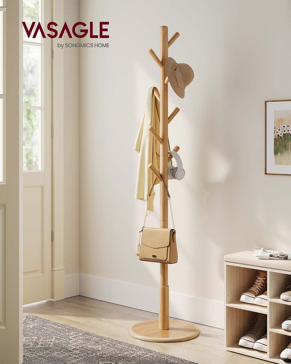 Coat Rack – Solid Wood – Cloud White – 8 Hooks for Entryway and Hallway