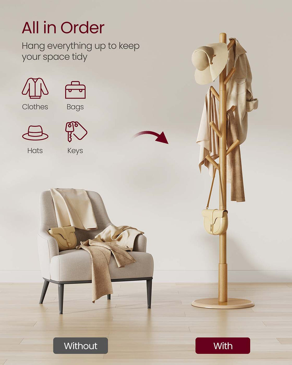 Coat Rack – Solid Wood – Cloud White – 8 Hooks for Entryway and Hallway