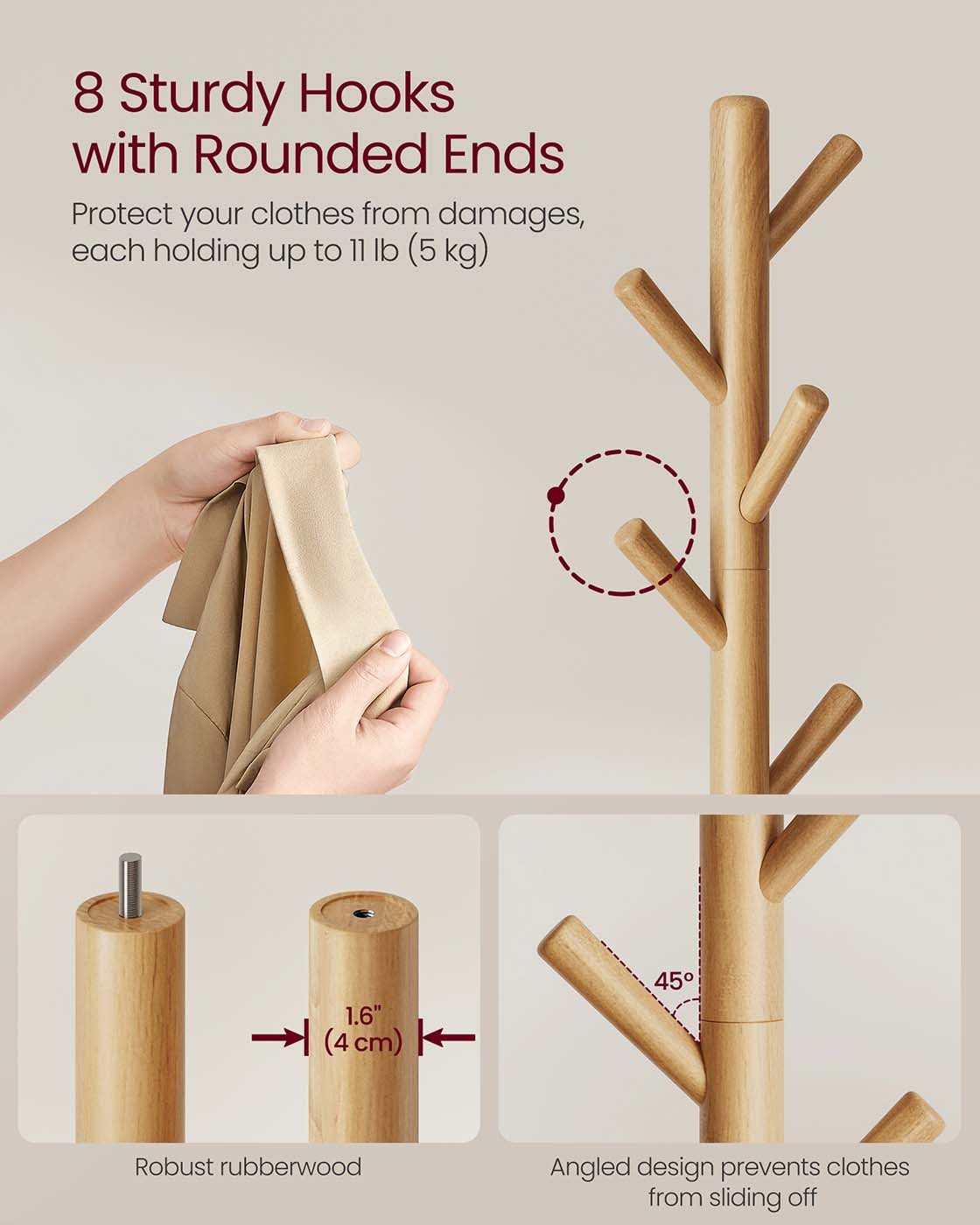 Coat Rack – Solid Wood – Cloud White – 8 Hooks for Entryway and Hallway
