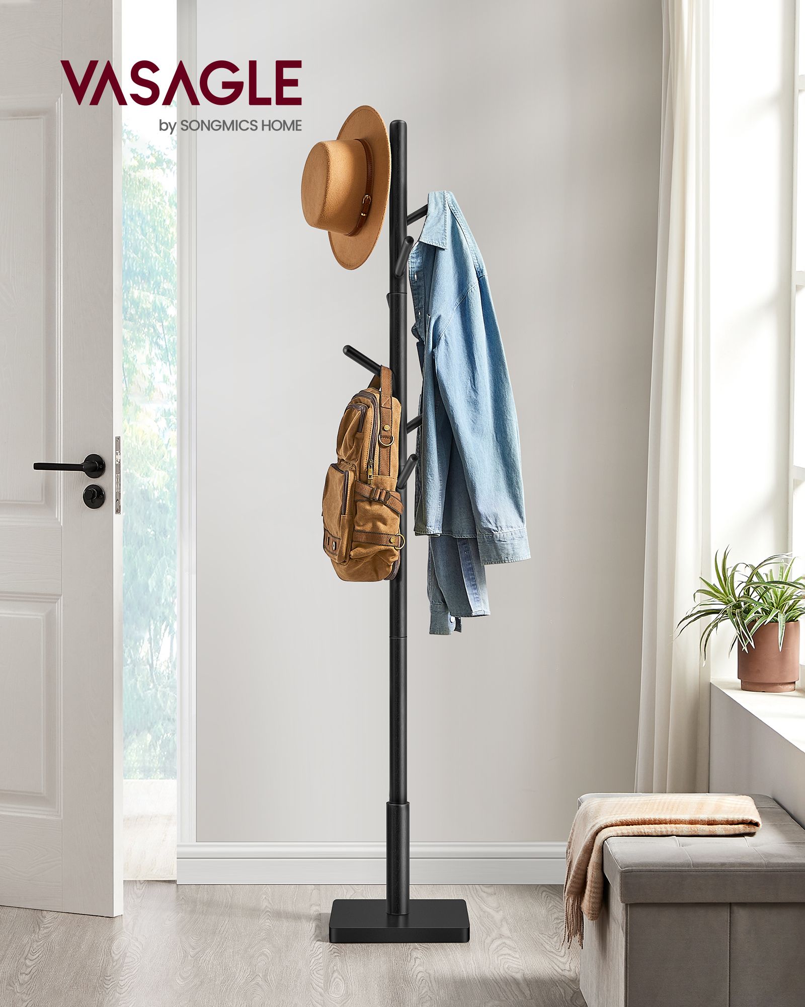 Free Standing Coat Rack – Solid Wood – White – 8 Hooks for Coats, Hats, and Bags
