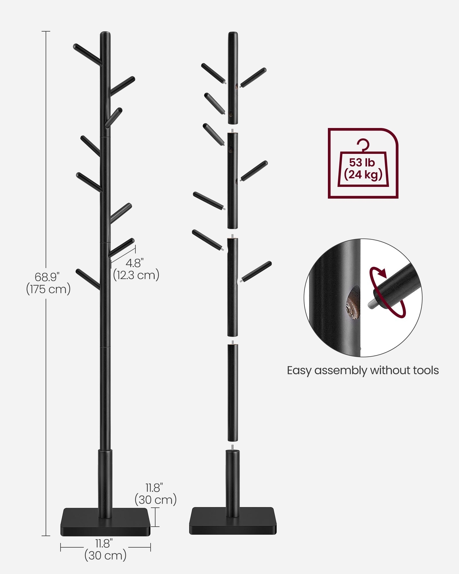 Free Standing Coat Rack – Solid Wood – White – 8 Hooks for Coats, Hats, and Bags