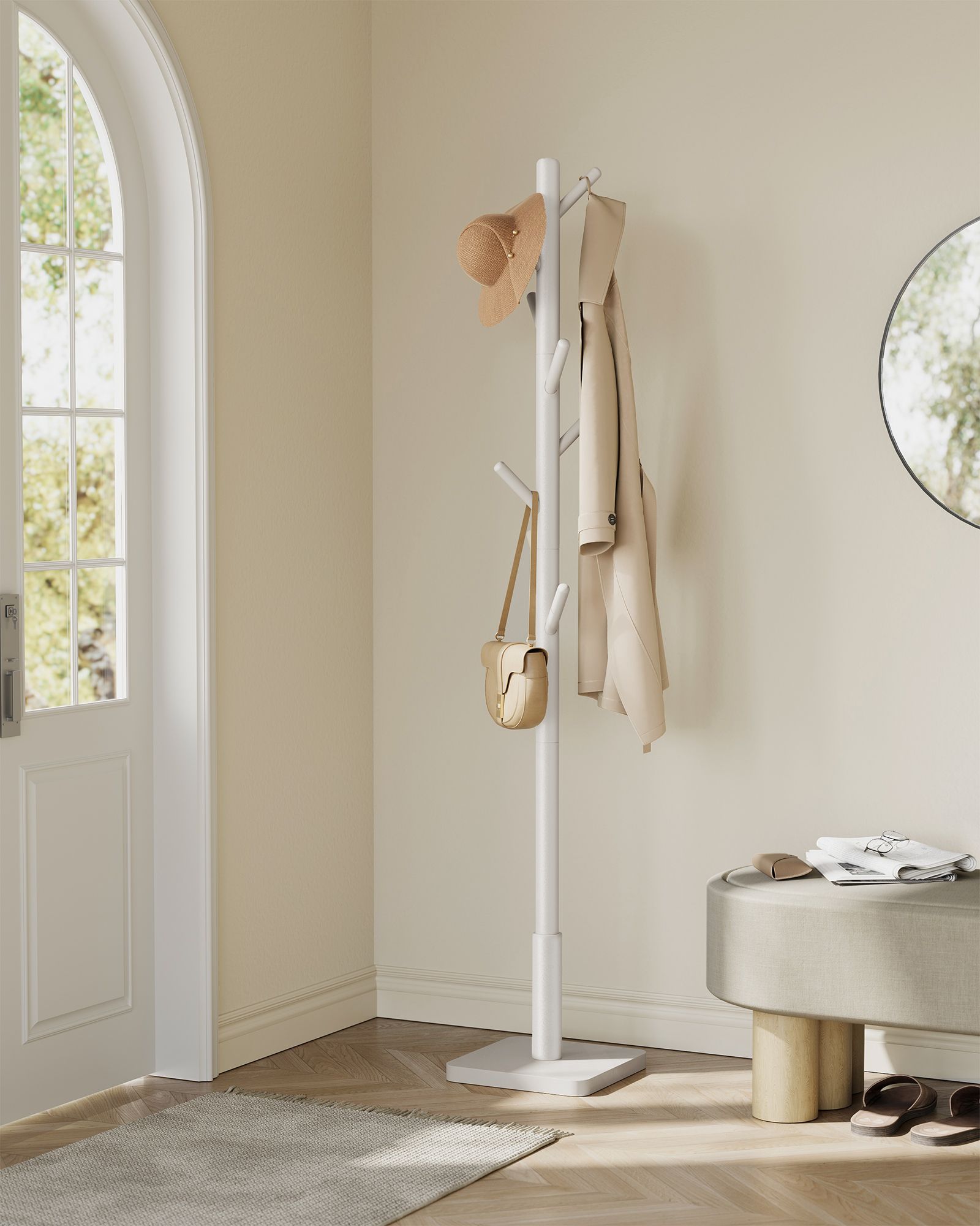 Solid Wood Coat Stand – Rubberwood – White – Free Standing Design with 8 Hooks