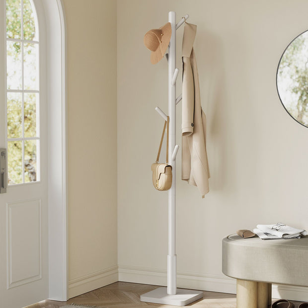Solid Wood Coat Stand – Rubberwood – White – Free Standing Design with 8 Hooks
