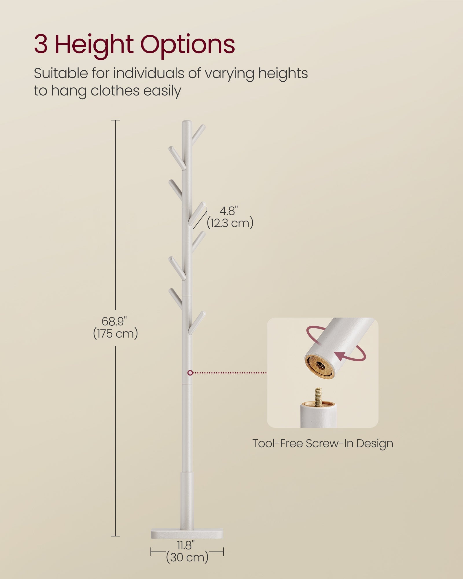 Solid Wood Coat Stand – Rubberwood – White – Free Standing Design with 8 Hooks