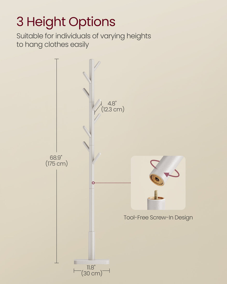 Solid Wood Coat Stand – Rubberwood – White – Free Standing Design with 8 Hooks