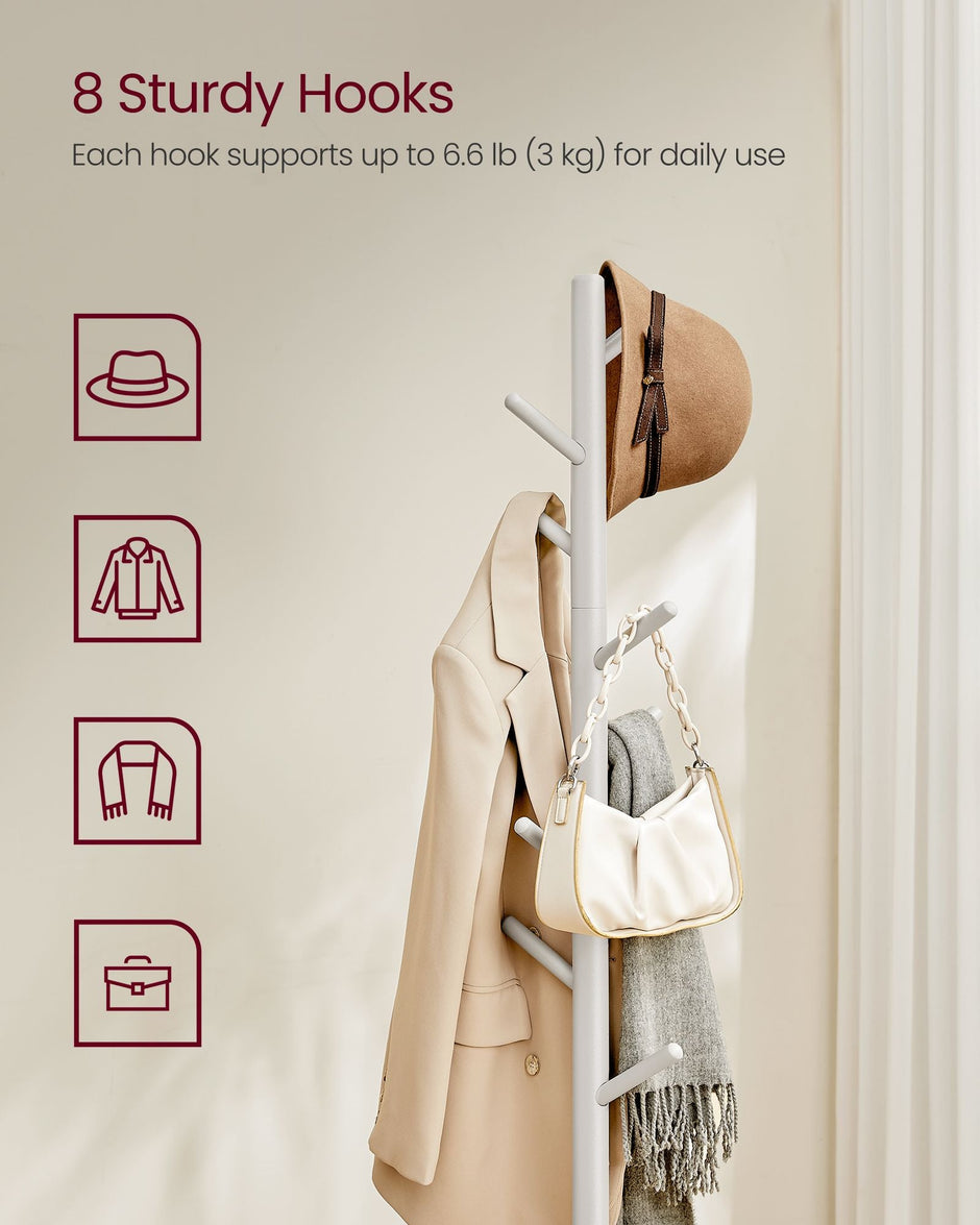 Solid Wood Coat Stand – Rubberwood – White – Free Standing Design with 8 Hooks