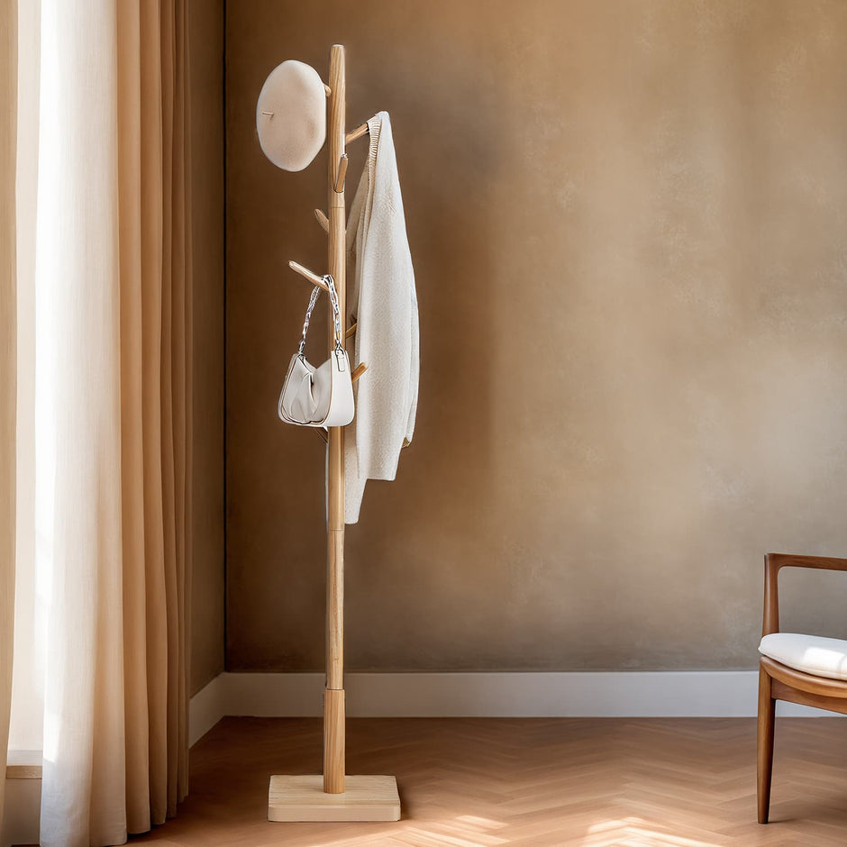 Free Standing Coat Rack – Solid Wood – Natural Beige – 8 Hooks, Adjustable Height