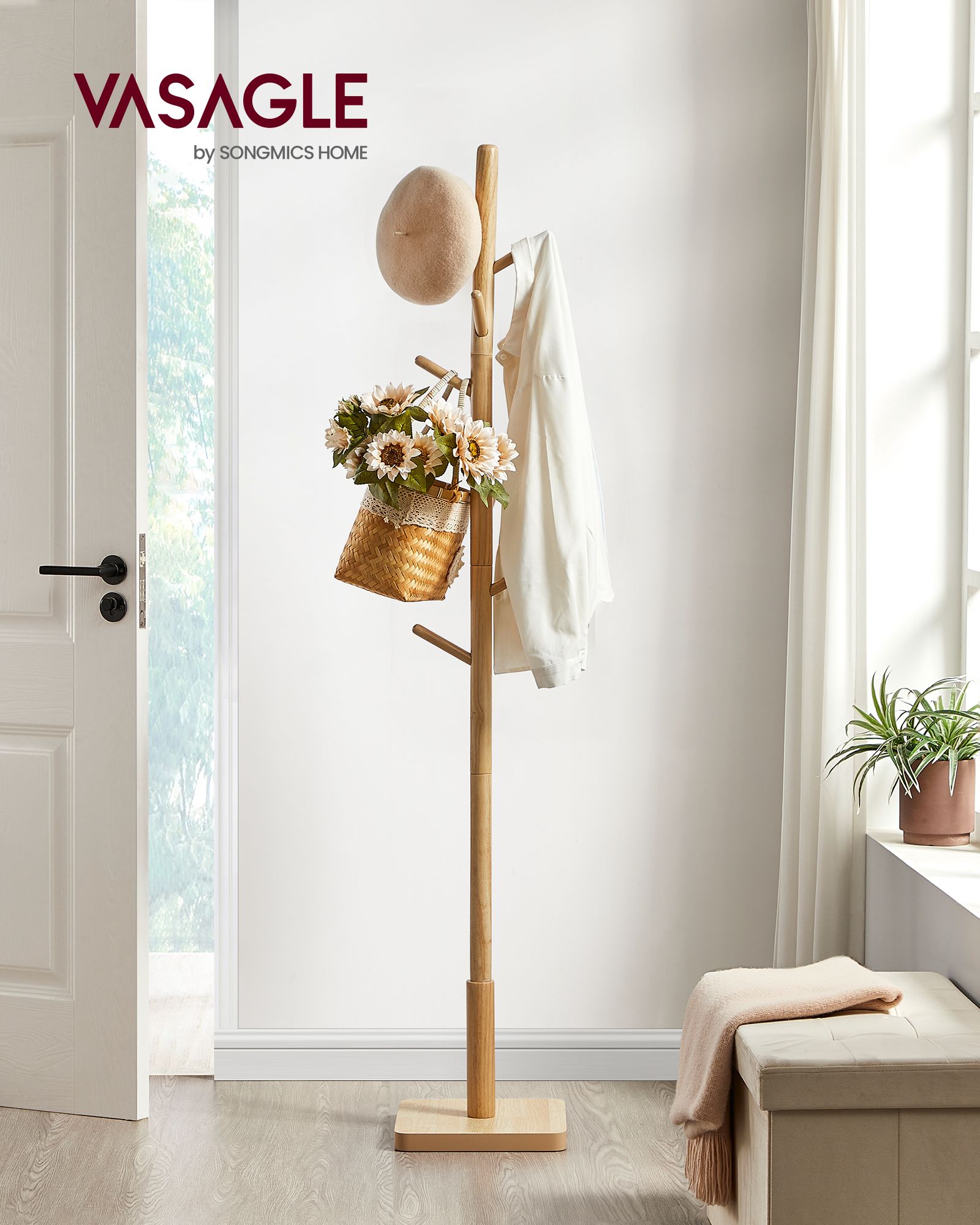 Free Standing Coat Rack – Solid Wood – White – 8 Hooks for Coats, Hats, and Bags