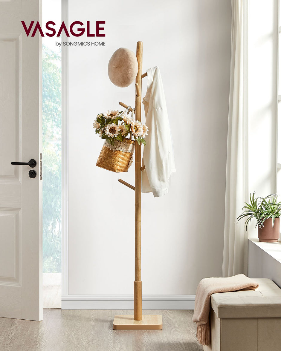 Free Standing Coat Rack – Solid Wood – White – 8 Hooks for Coats, Hats, and Bags