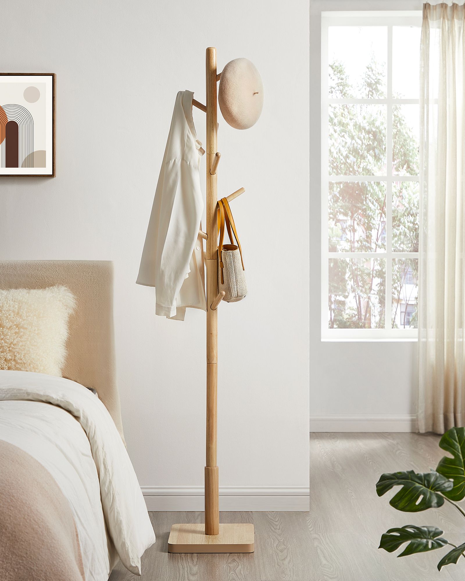 Free Standing Coat Rack – Solid Wood – White – 8 Hooks for Coats, Hats, and Bags