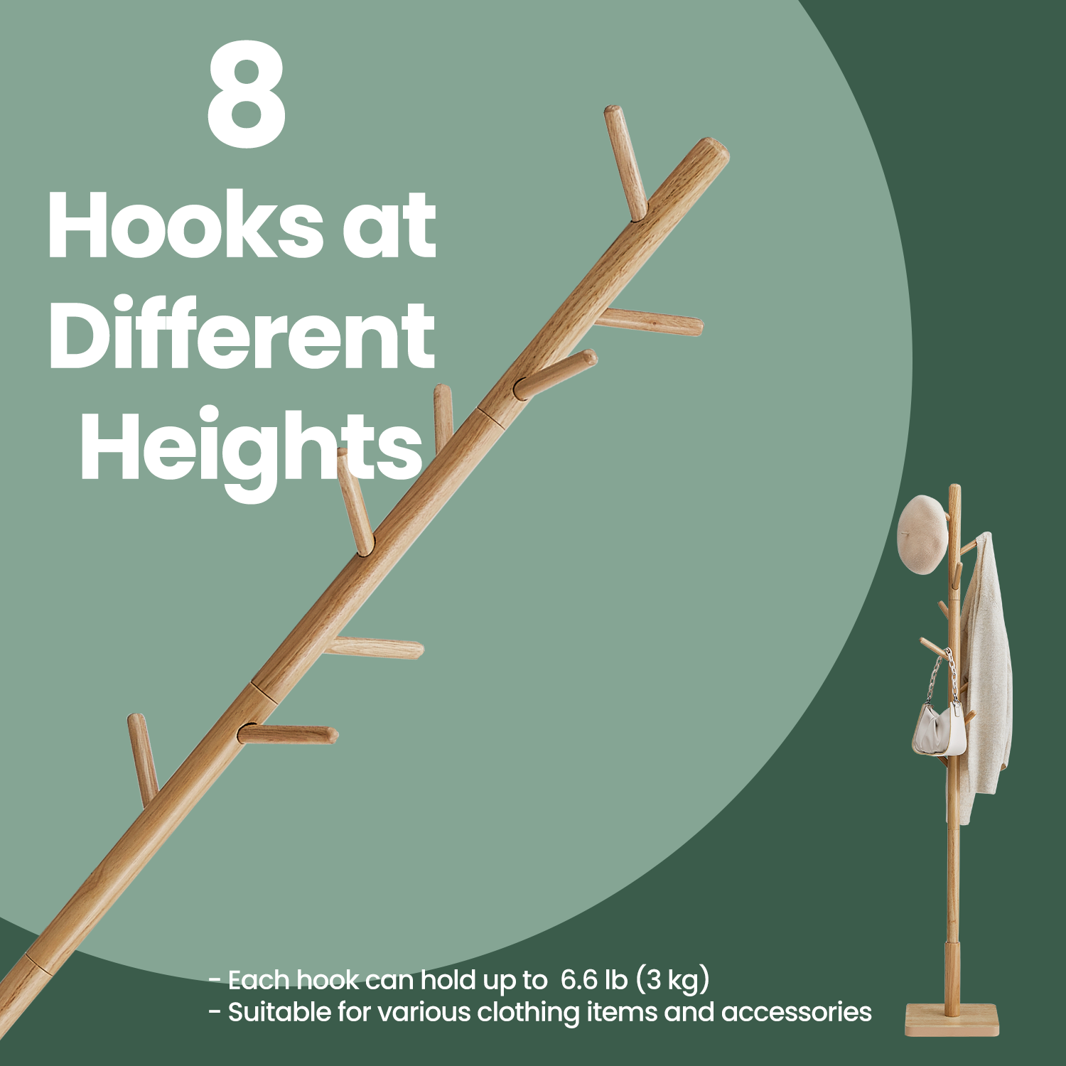 Free Standing Coat Rack – Solid Wood – Natural Beige – 8 Hooks, Adjustable Height