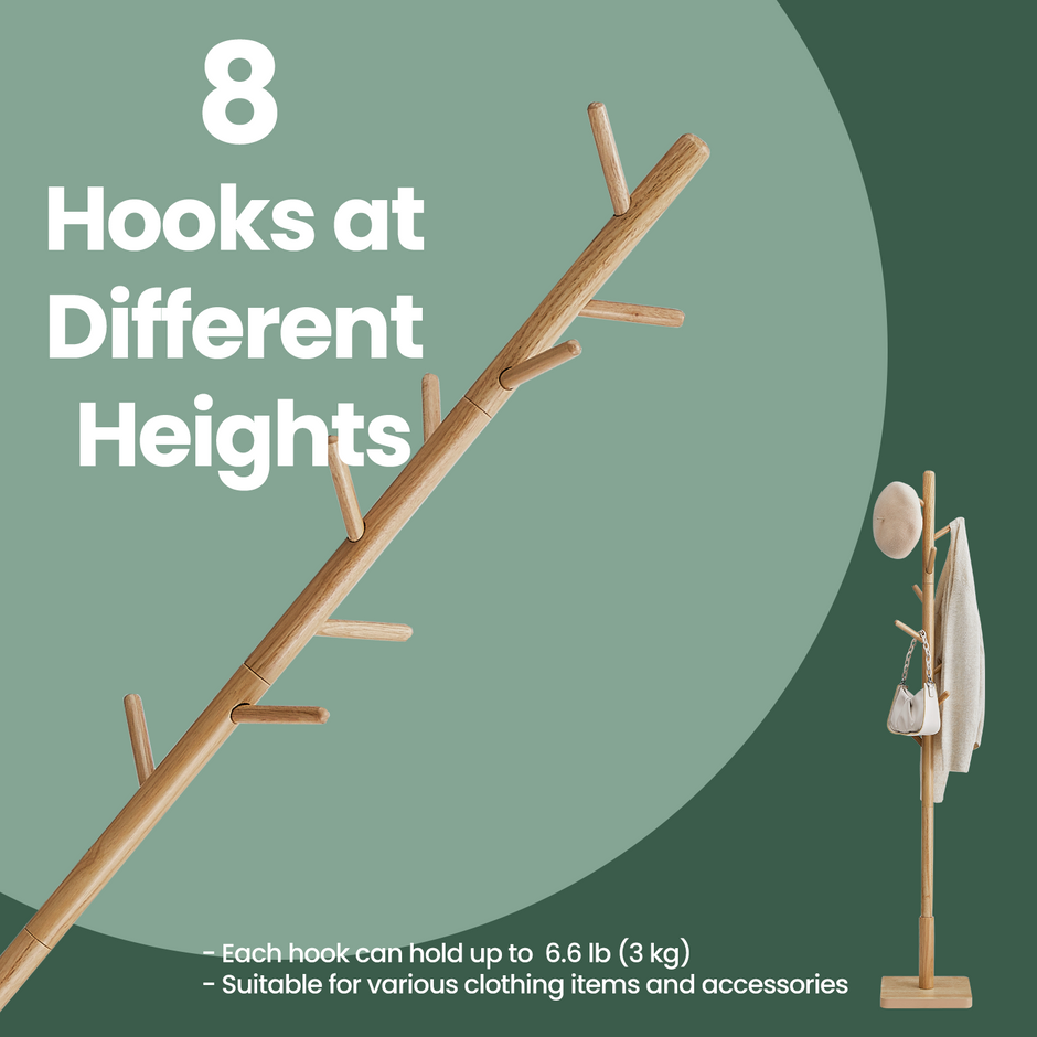 Free Standing Coat Rack – Solid Wood – Natural Beige – 8 Hooks, Adjustable Height