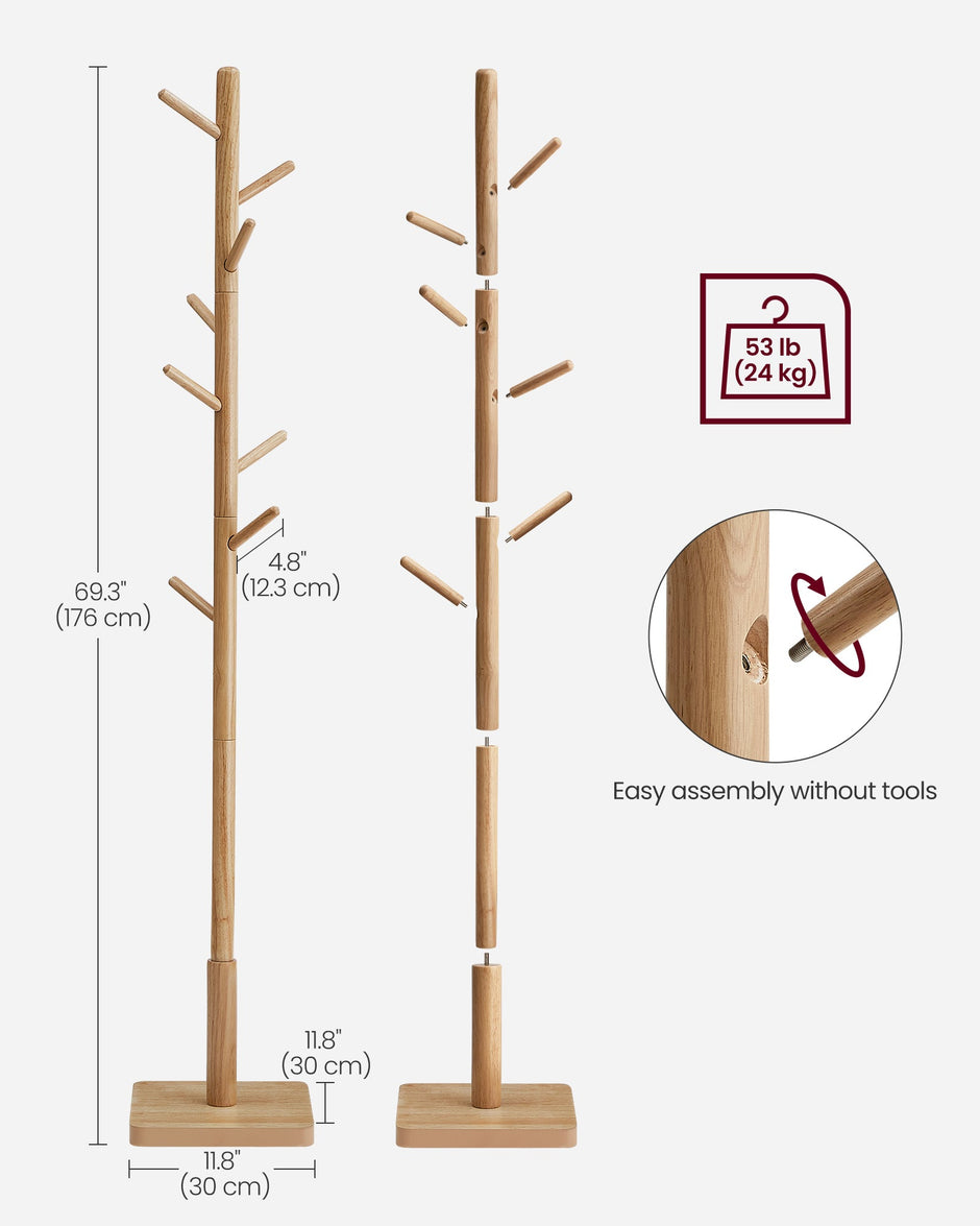 Free Standing Coat Rack – Solid Wood – White – 8 Hooks for Coats, Hats, and Bags