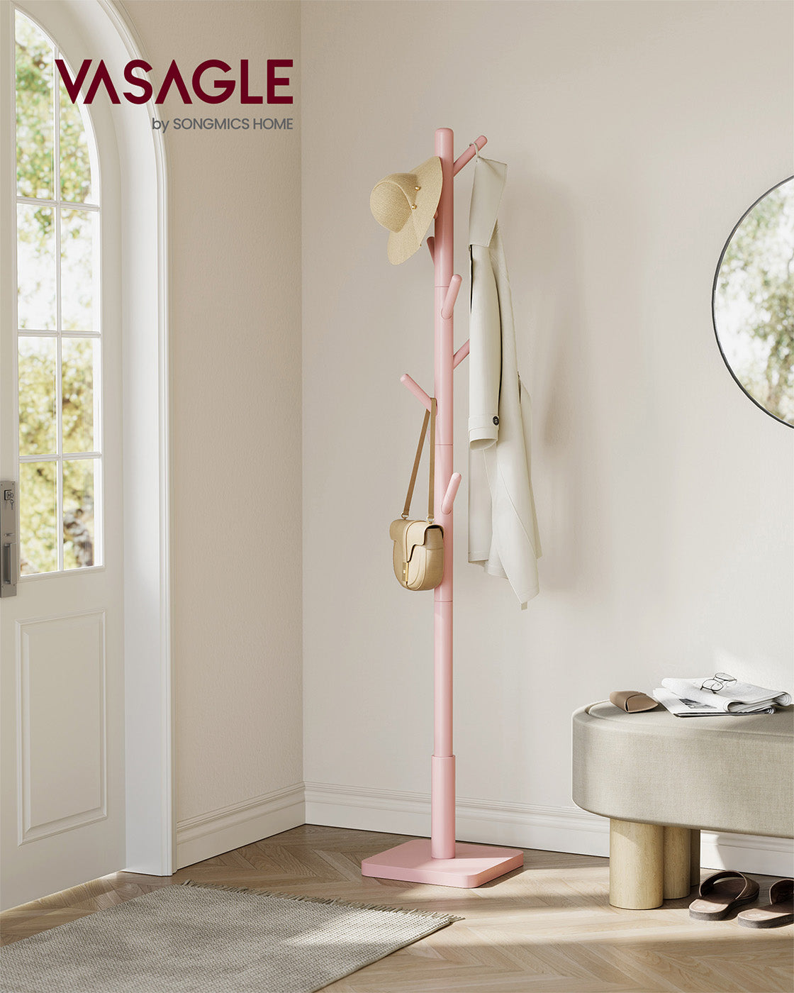 Free Standing Coat Rack – Solid Wood – White – 8 Hooks for Coats, Hats, and Bags