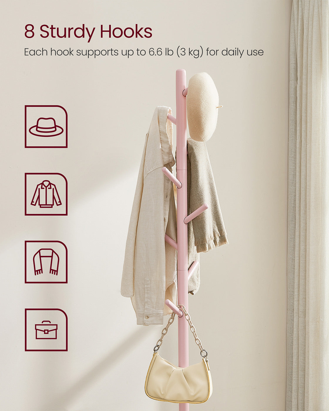 Free Standing Coat Rack – Solid Wood – White – 8 Hooks for Coats, Hats, and Bags
