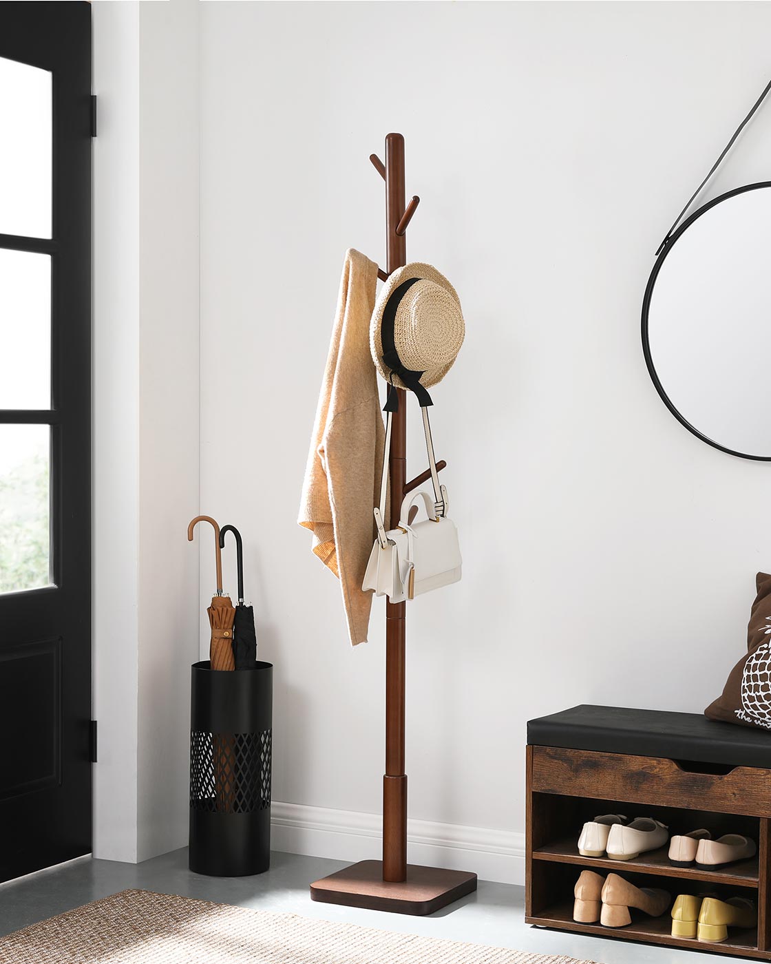 Coat Rack – Solid Wood – Dark Walnut – Free Standing with 8 Hooks