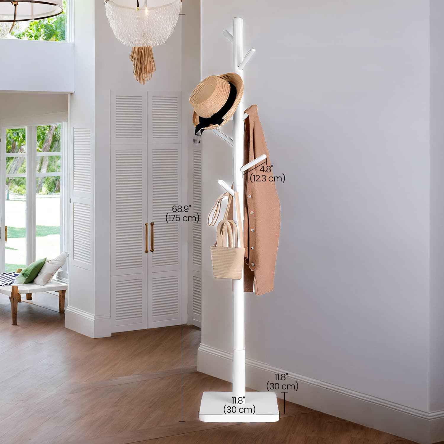 Coat Rack – Solid Wood – White – Height Adjustable with 8 Hooks