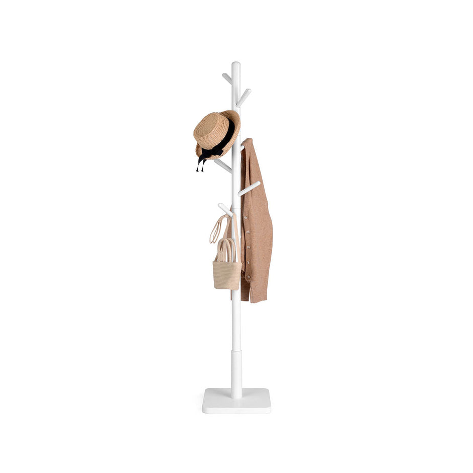 Coat Stand – Solid Wood – White – Free Standing with 8 Hooks