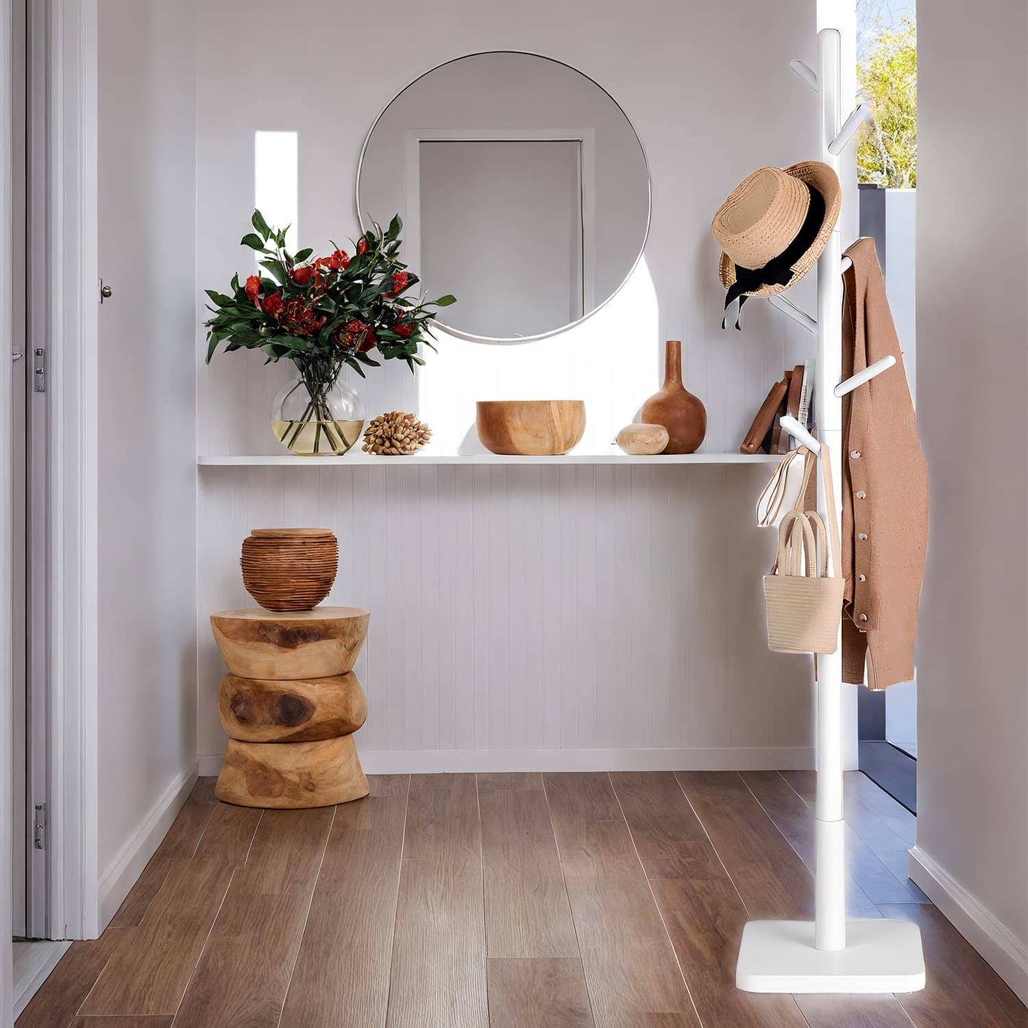 Coat Rack – Solid Wood – White – Height Adjustable with 8 Hooks