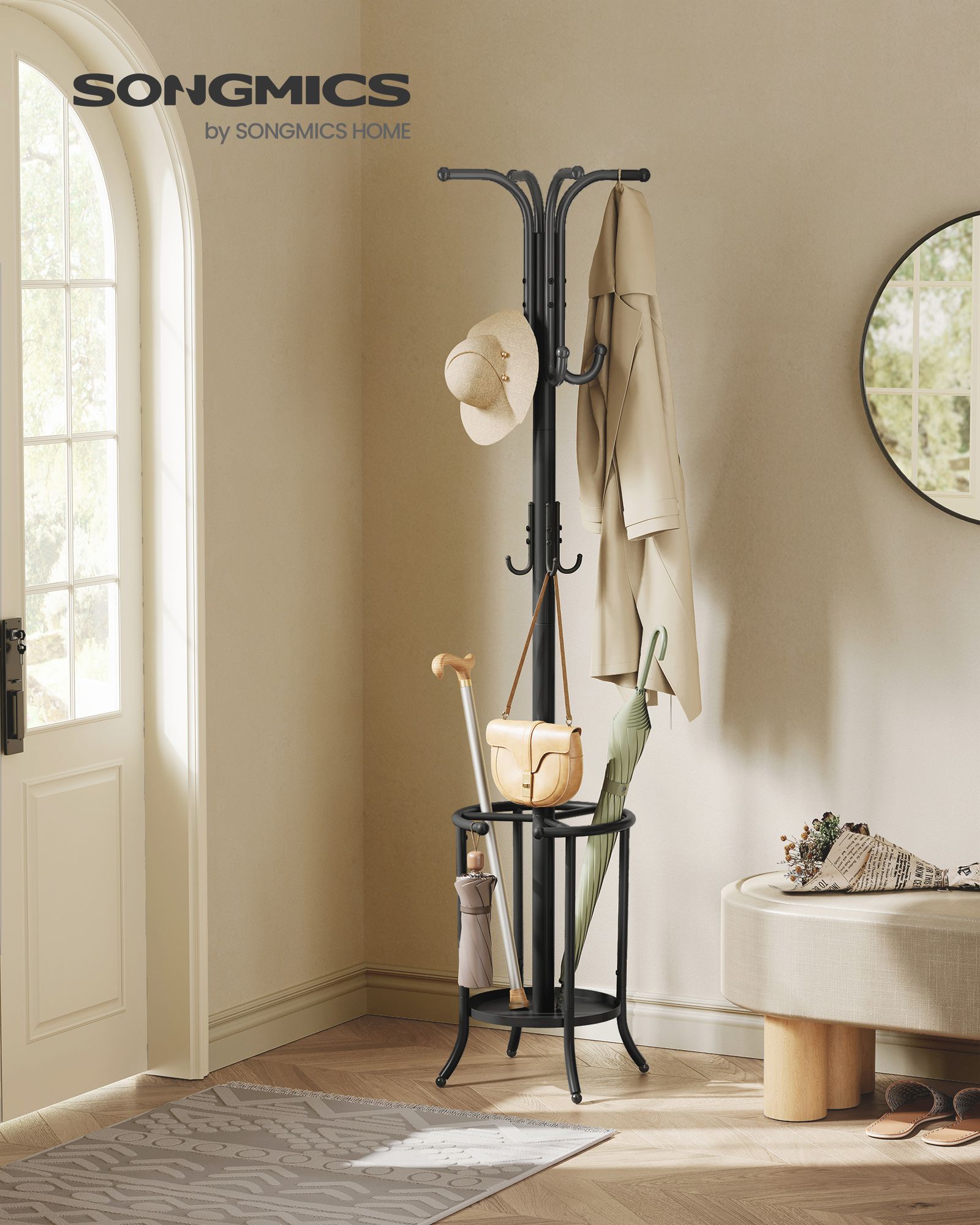 Freestanding Coat Rack – Metal – Ink Black – 12 Hooks with Umbrella Holder