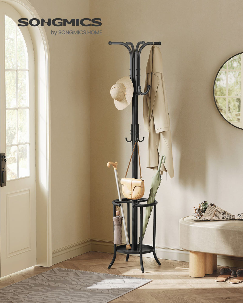 Freestanding Coat Rack – Metal – Ink Black – 12 Hooks with Umbrella Holder