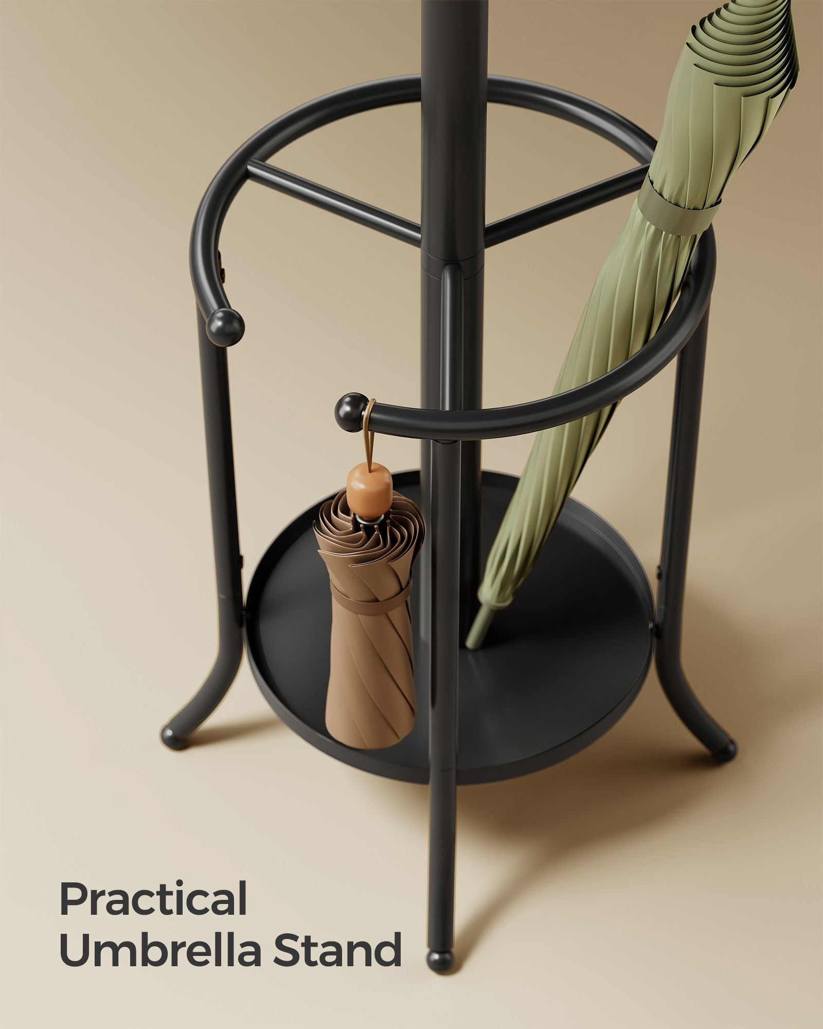 Freestanding Coat Rack – Metal – Ink Black – 12 Hooks with Umbrella Holder