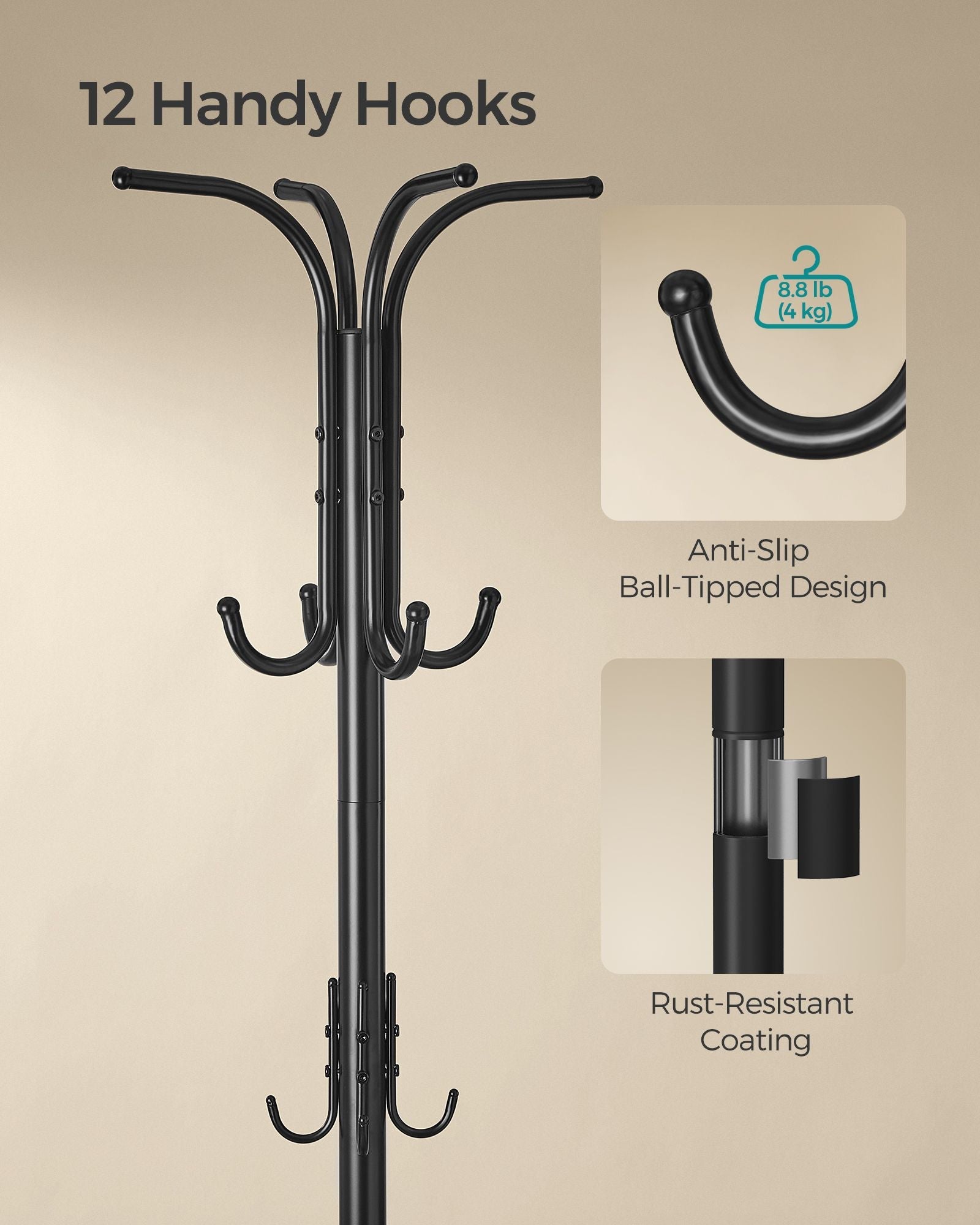 Freestanding Coat Rack – Metal – Ink Black – 12 Hooks with Umbrella Holder