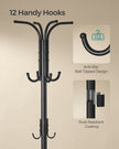 Freestanding Coat Rack – Metal – Ink Black – 12 Hooks with Umbrella Holder